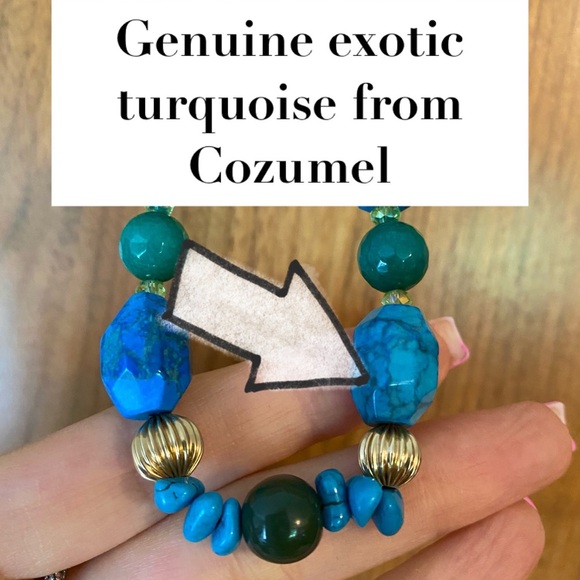 New Natural Turquoise, Pure Gold, & Jade Handmade Necklace Blue Gold Green NWT - Picture 5 of 15